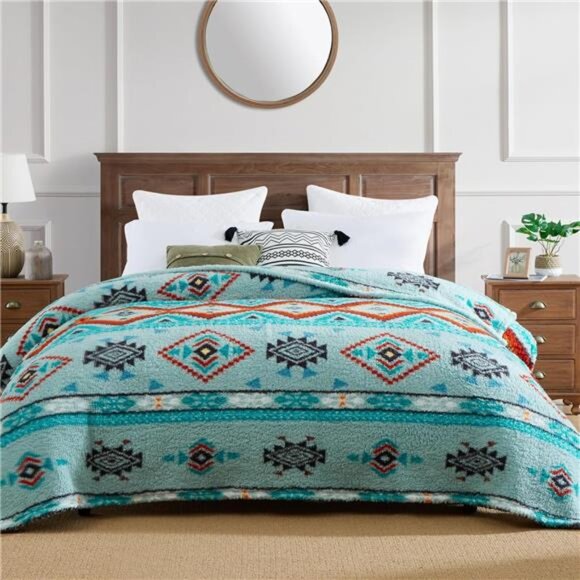 Boho Sherpa Throw Blanket Aztec Aqua Ultra Soft Warm Cozy Plush Thick Fleece NEW - Picture 1 of 5